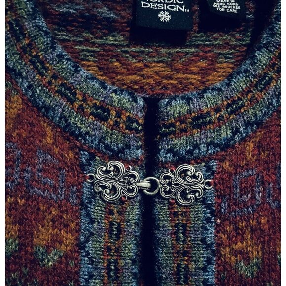 Nordic Designs Sweater Womens Large Red Fair Isle Cardigan Wool Pewter Clasp - Picture 3 of 7